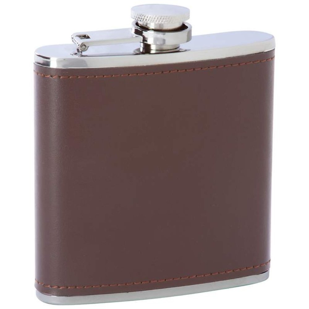 6oz Stainless Steel Flask Brown Genuine Leather